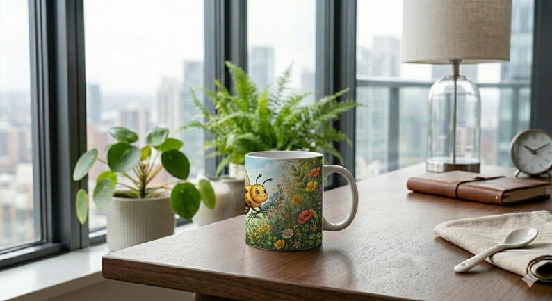 Cute mug with illustration of a flying bee and floral pattern image 3