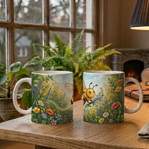 Cute mug with illustration of a flying bee and floral pattern image 2