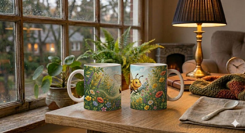 Cute mug with illustration of a flying bee and floral pattern image 2