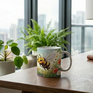 Mug Cute Honey Bee Meadow Illustration image 3