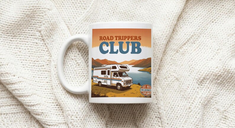Mug Vintage 70s Camper Road Trippers Club Sunset Mountain Lake image 1
