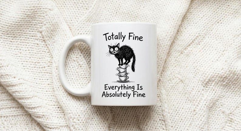 Mug Cat Balancing on Teacup Stack Totally Fine Funny Stress Humor Coffee Cup image 1