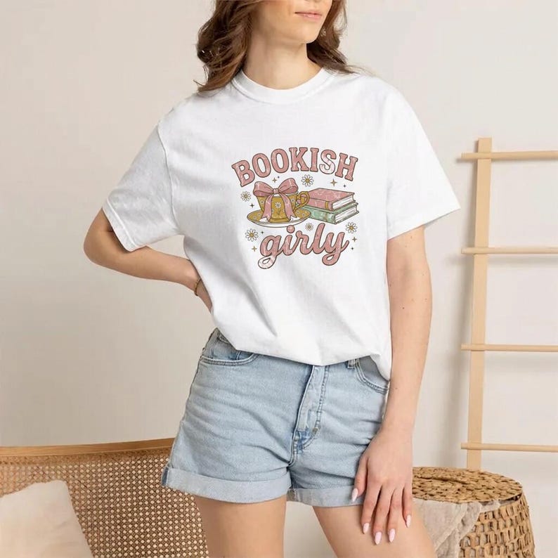 T-Shirt with Vintage Bookish Design and Teacup image 2