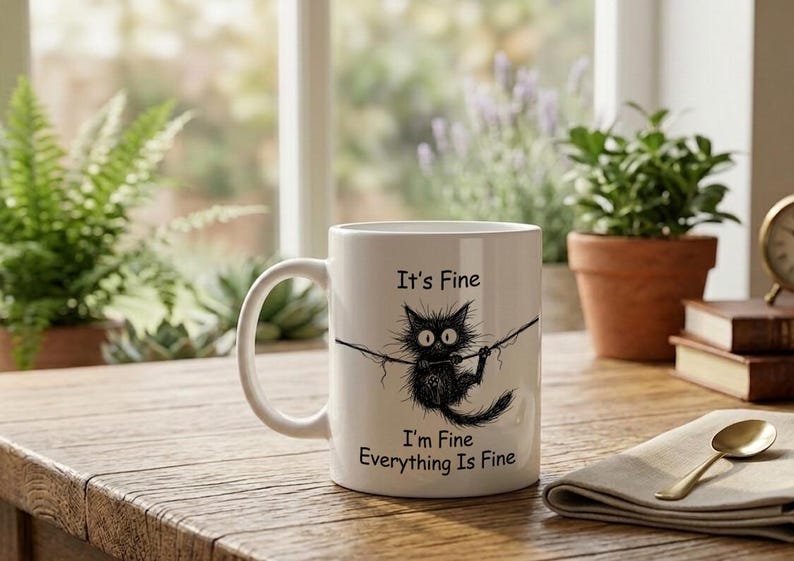 It's Fine I'm Fine Cat Doodled Mug Clinging to Thread Black Ink image 2