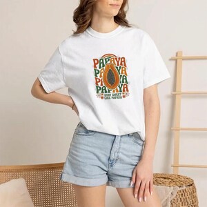 Women's Papaya T-Shirt Retro 70s Boho Graphic Fruit Print Short Sleeve image 2
