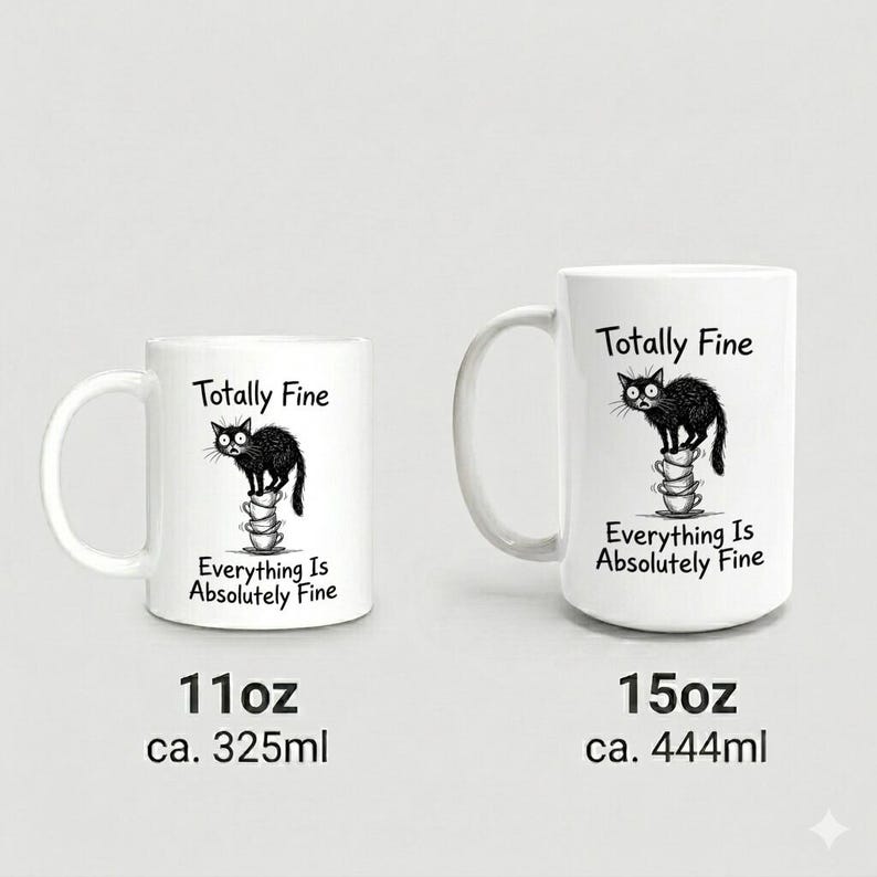 Mug Cat Balancing on Teacup Stack Totally Fine Funny Stress Humor Coffee Cup image 4