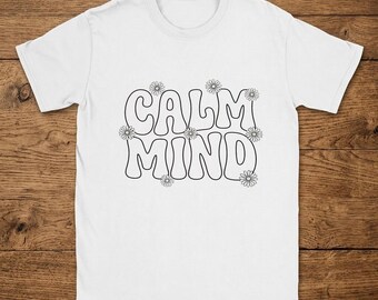 T-Shirt Calm Mind Retro Wavy Bubble Font Pastel Daisies Screen Print Aesthetic
