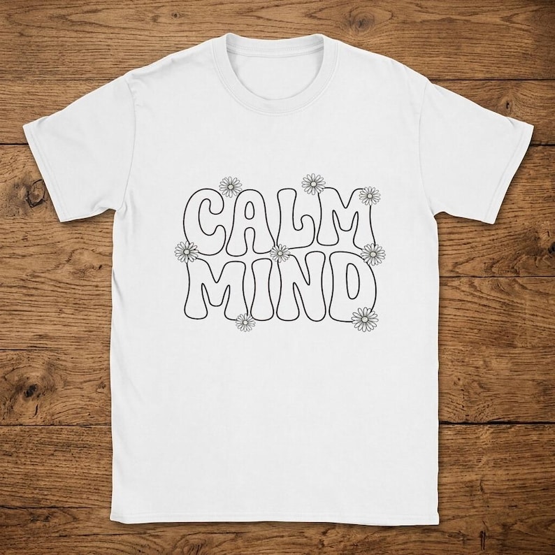 T-Shirt Calm Mind Retro Wavy Bubble Font Pastel Daisies Screen Print Aesthetic image 1