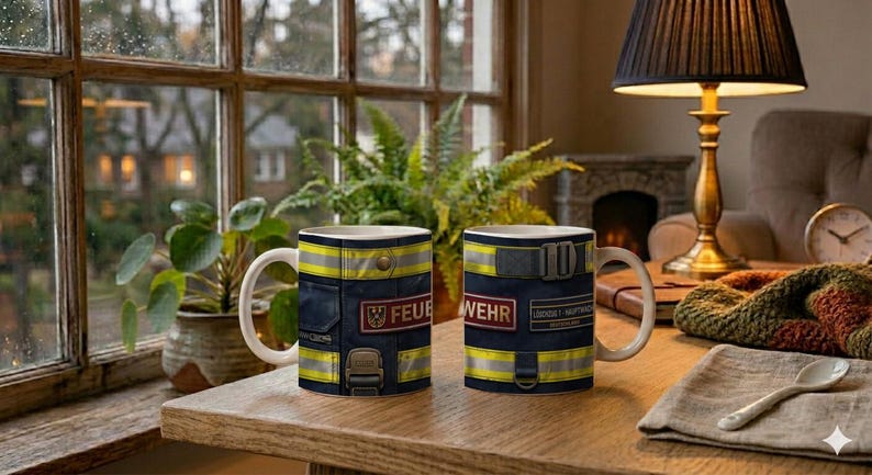 Mug with Firefighter Uniform Close Up Detail Photography Motif image 2