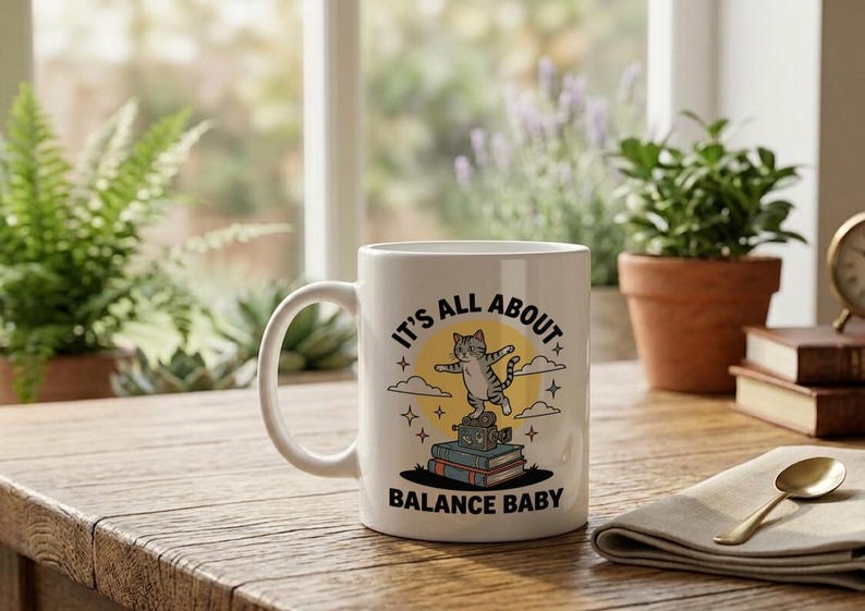 Mug with retro cat motif, text It's All About Balance Baby image 2