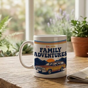 Mug with 1970s Family Adventure Retro Design Station Wagon and Mountains image 2