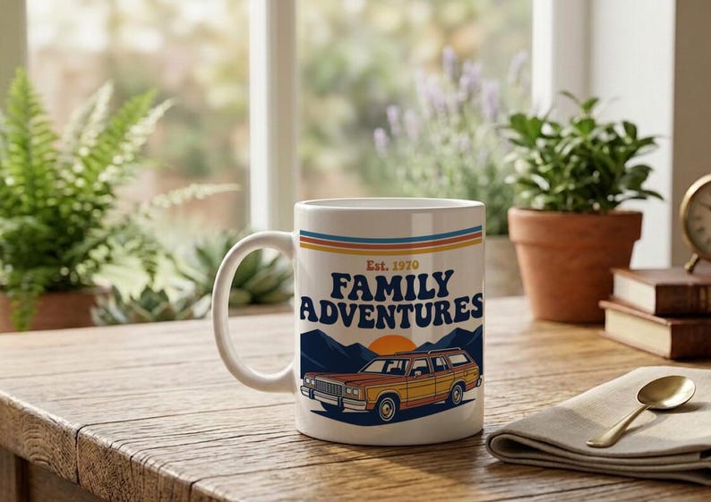 Mug with 1970s Family Adventure Retro Design Station Wagon and Mountains image 2