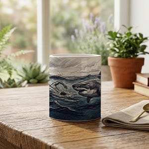 Mug Coffee Cup with Shark and Swimmer Design Scribble Drawing Ocean Scene image 4