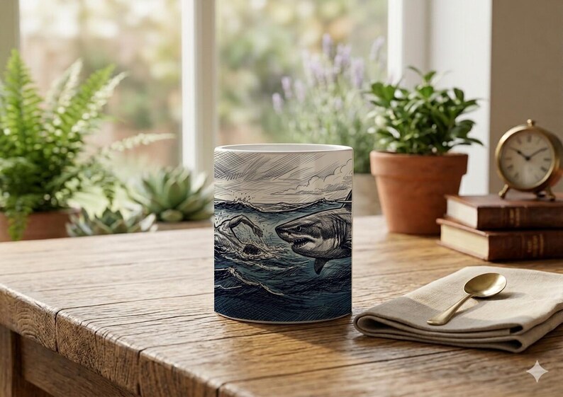 Mug Coffee Cup with Shark and Swimmer Design Scribble Drawing Ocean Scene image 4