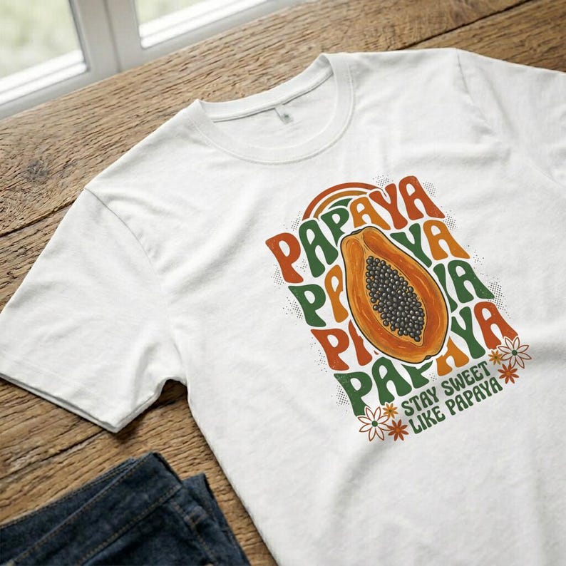Women's Papaya T-Shirt Retro 70s Boho Graphic Fruit Print Short Sleeve image 8