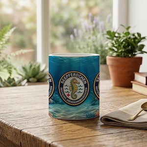 Tasse Seepferdchen für Kinder | Schwimmabzeichen Geschenk | Maritime Keramik Tasse mit Badges | Minimalistisches Design Bild 4