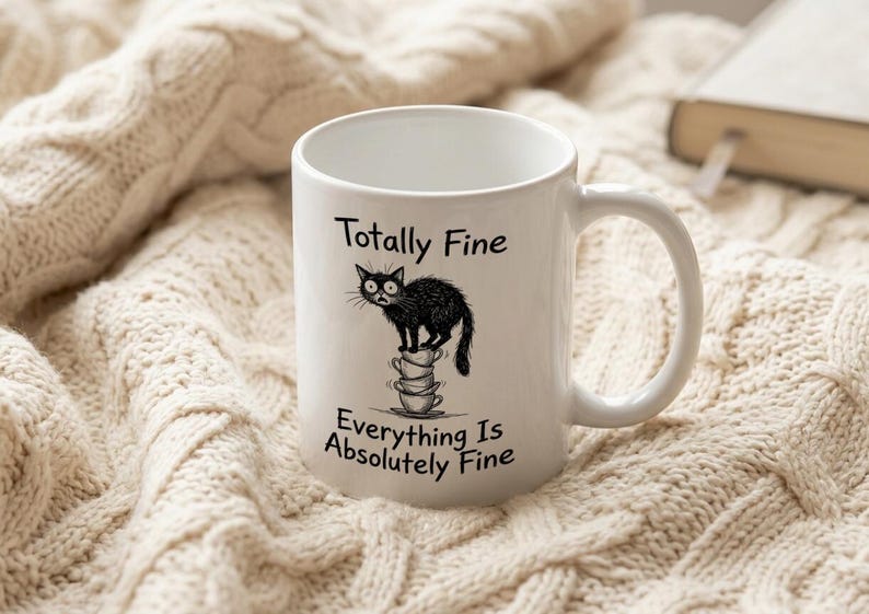 Mug Cat Balancing on Teacup Stack Totally Fine Funny Stress Humor Coffee Cup image 3