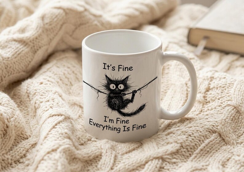 It's Fine I'm Fine Cat Doodled Mug Clinging to Thread Black Ink image 3