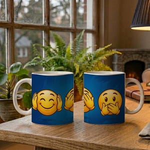 Mug three smileys hear see speak no evil motif image 2