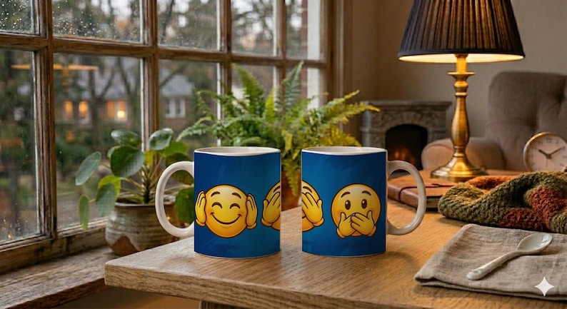 Mug three smileys hear see speak no evil motif image 2
