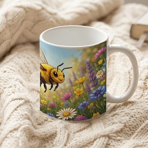 Kids Mug with Flying Honey Bee and Flower Design image 6