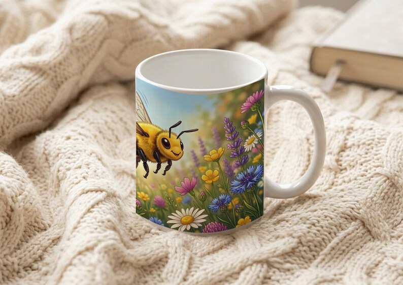 Kids Mug with Flying Honey Bee and Flower Design image 6