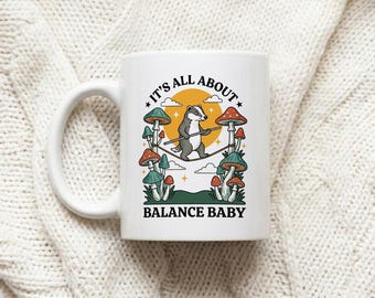Mug Badger Tightrope Walk Mushrooms Quote Balance Baby Retro Folk Art