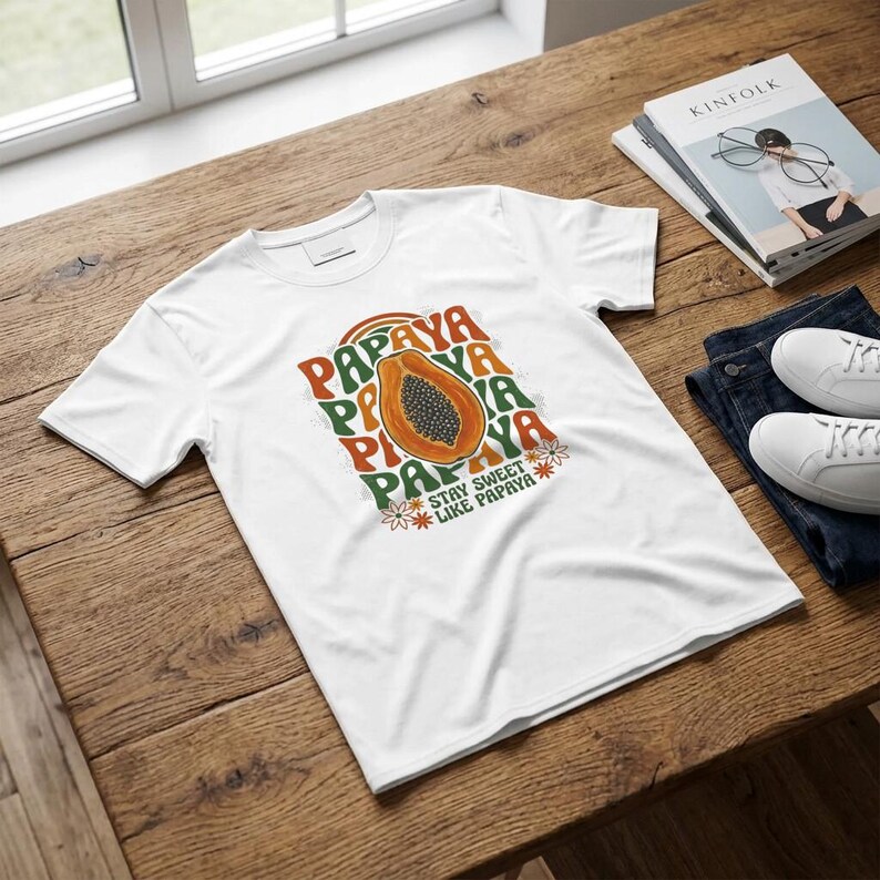Women's Papaya T-Shirt Retro 70s Boho Graphic Fruit Print Short Sleeve image 7