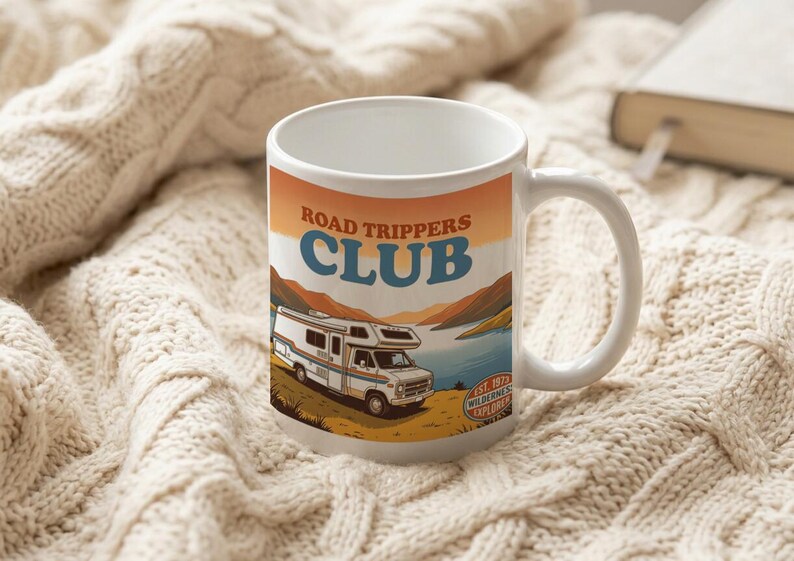 Mug Vintage 70s Camper Road Trippers Club Sunset Mountain Lake image 3