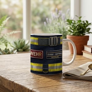 Mug with Firefighter Uniform Close Up Detail Photography Motif image 1