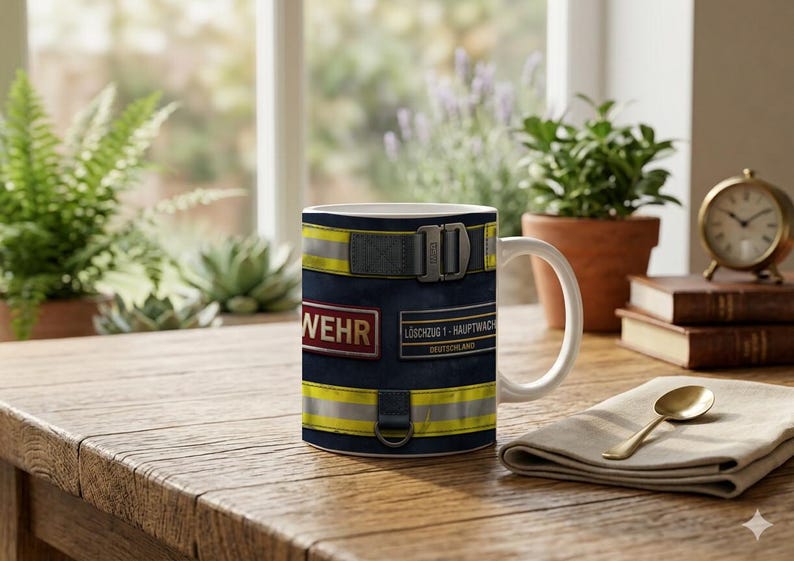 Mug with Firefighter Uniform Close Up Detail Photography Motif image 1