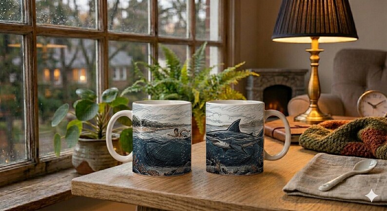 Mug Swimmer Shark Pursuit Scribble Style Coffee Cup image 2