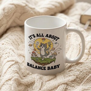 Mug Balance Cat Mushroom Daisy Retro Cartoon image 3