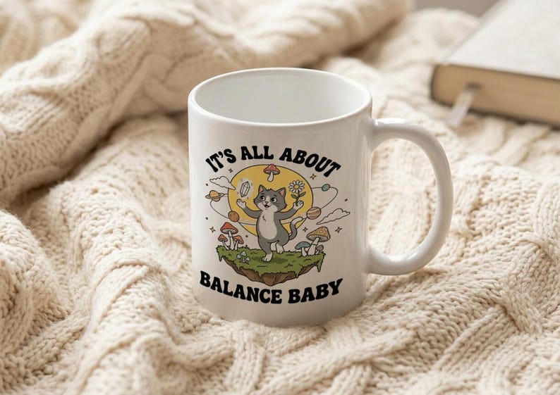 Mug Balance Cat Mushroom Daisy Retro Cartoon image 3