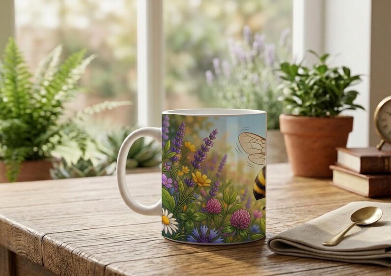 Kids Mug with Flying Honey Bee and Flower Design image 5