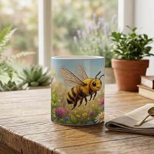 Kids Mug with Flying Honey Bee and Flower Design image 4