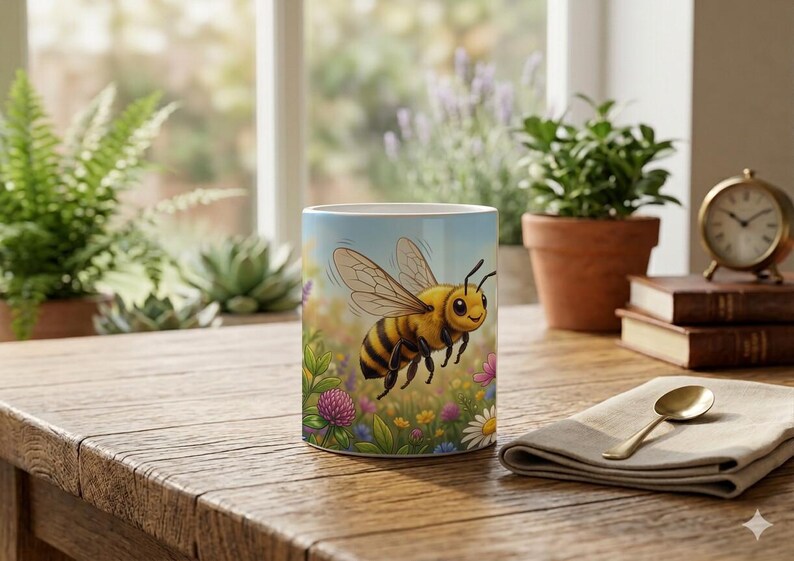 Kids Mug with Flying Honey Bee and Flower Design image 4