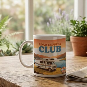 Mug Vintage 70s Camper Road Trippers Club Sunset Mountain Lake image 2