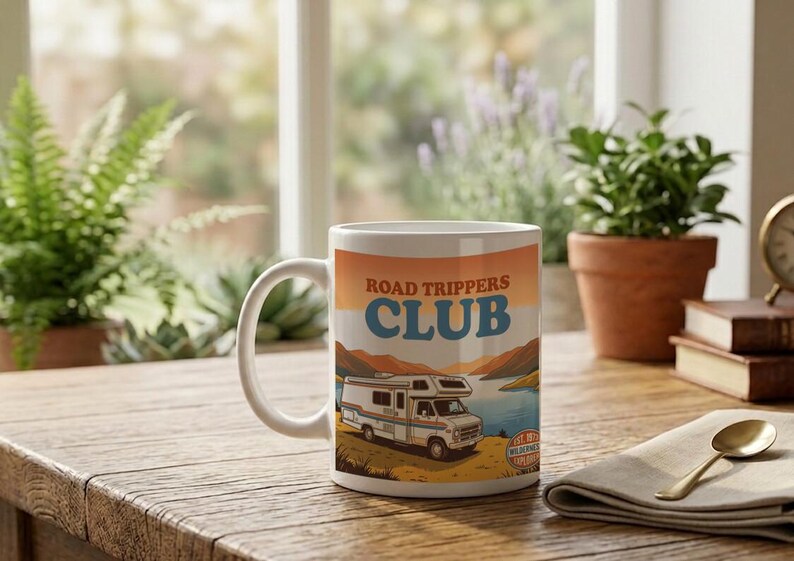 Mug Vintage 70s Camper Road Trippers Club Sunset Mountain Lake image 2