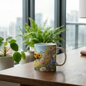 Kids Mug with Flying Honey Bee and Flower Design image 3