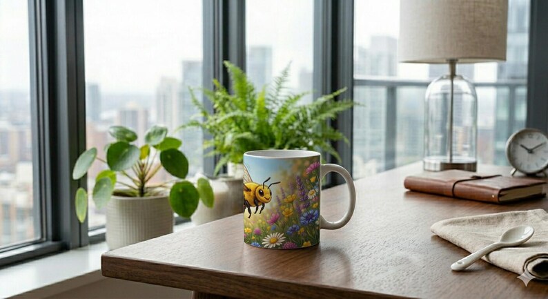 Kids Mug with Flying Honey Bee and Flower Design image 3
