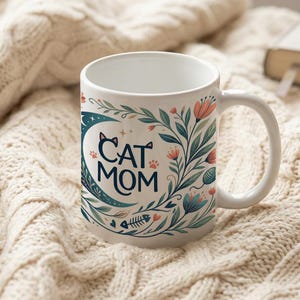 Mug Cat Mom Aesthetic Cat Motif Ceramic Coffee Cup image 1