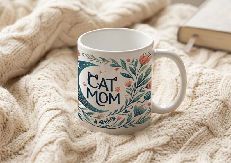 Mug Cat Mom Aesthetic Cat Motif Ceramic Coffee Cup image 1