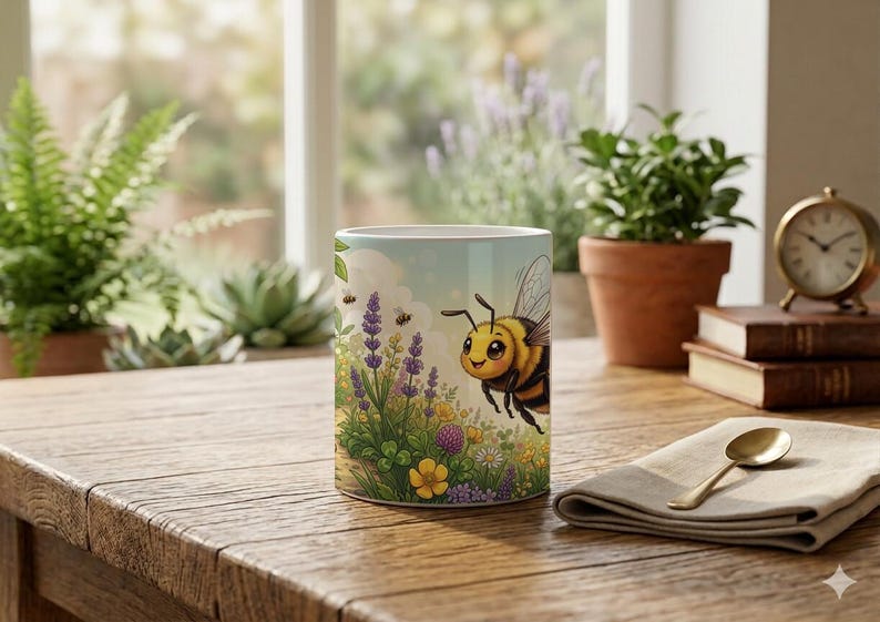 Mug Cute Honey Bee Meadow Illustration image 4