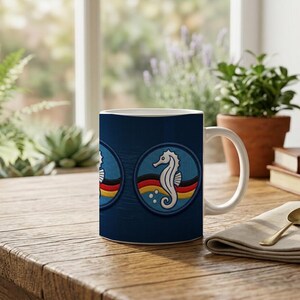 Children's mug with seahorse swimming badge | Nautical motif | Ceramic mug for children | Gift for swimming lessons image 1