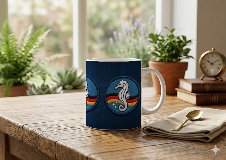 Children's mug with seahorse swimming badge | Nautical motif | Ceramic mug for children | Gift for swimming lessons image 1