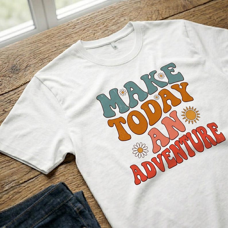 T-Shirt Retro Adventure Vintage Groovy Style Motif Colorful Text Distressed Look Flowers Sun image 8