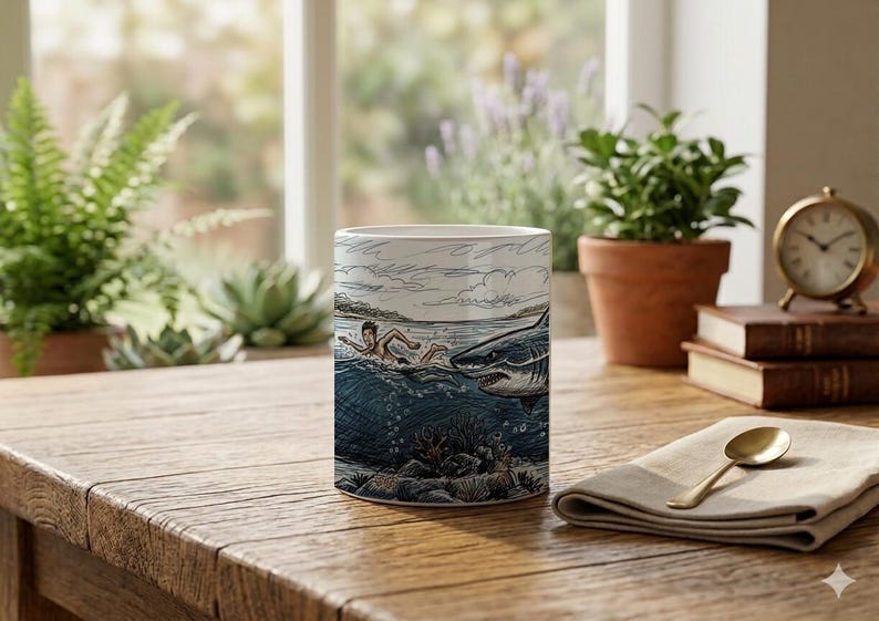 Mug Swimmer Shark Pursuit Scribble Style Coffee Cup image 4