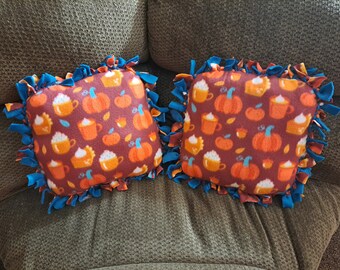 Set Of 2 Handmade Pumpkin Pie Fall Pumpkins Autumn Pumpkin Spice Latte No Sew Fleece Pillows