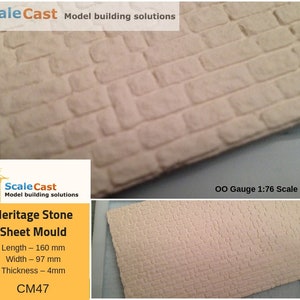 May include: A sheet of textured paper for model building, called "Heritage Stone Sheet Mould". The sheet is 160 mm long, 97 mm wide, and 4 mm thick. It is labeled "CM47" and is for OO Gauge 1:76 scale.